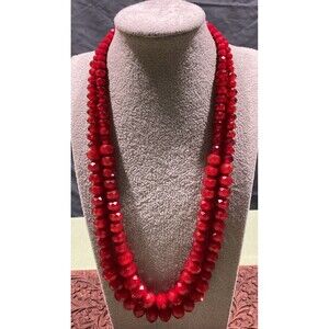 Double Strand Red Czech Glass Faceted Bead Necklace Lobster Claw Adjustable